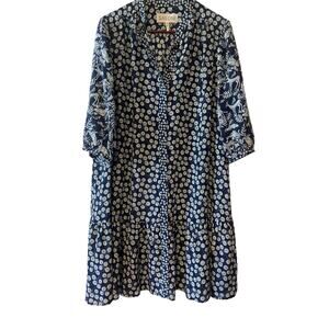 Saloni Tyra Silk Shirt Dress 3/4 Sleeve Band Collar Pockets Navy Aspen Size 10